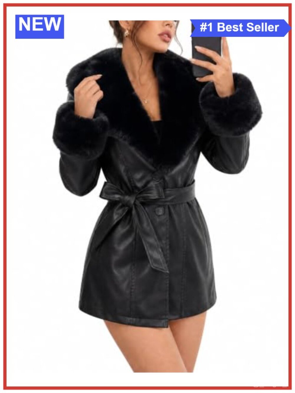 Faux Leather Coat Faux Fur Collar Mid-Length Jacket